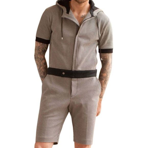 Mr. Turk Short Jumpsuit Men's Medium Black White Houndstooth Hooded Resort - Picture 2 of 9
